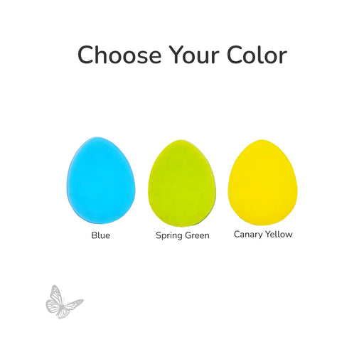 Three egg-shaped precut fusible glass pieces in blue, spring green, and canary yellow on a white background.