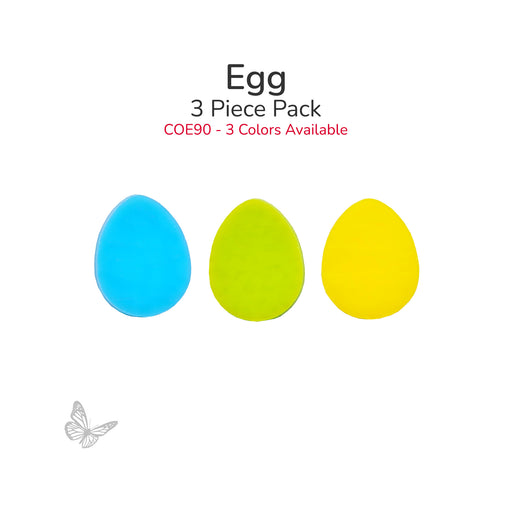 Egg glass shapes 3 piece pack in blue, spring green, and canary yellow labeled COE90