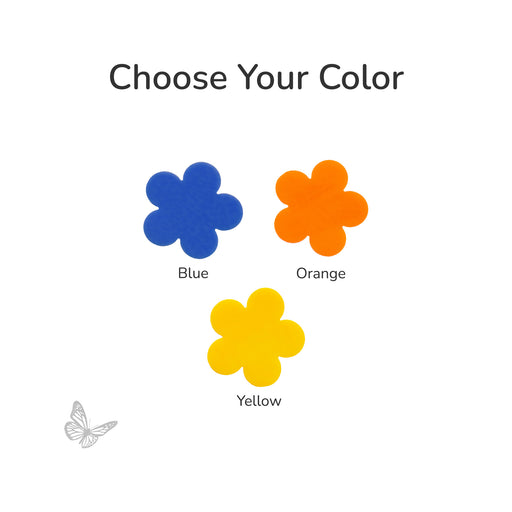 Three precut glass flower shapes in blue, orange, and yellow glass with text “Choose Your Color.”