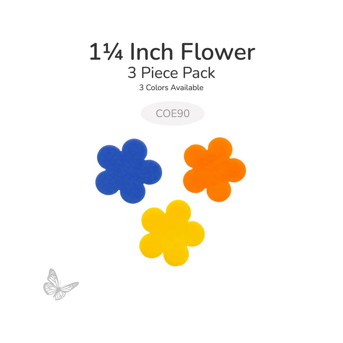 1¼ inch precut glass flower shapes in blue, orange, and yellow glass, 3 piece pack, COE90.