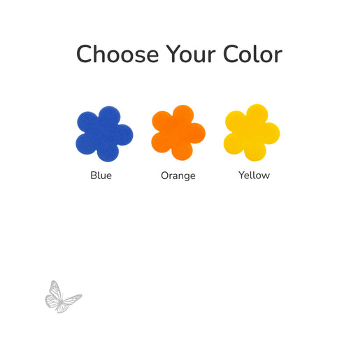 Color selection prompt with blue, orange, and yellow flowers on a white background.