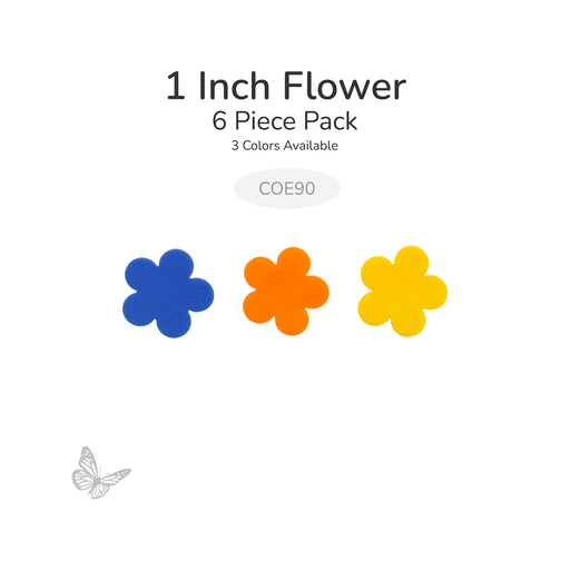 1 inch precut glass flower shapes in blue, orange, and yellow glass, 6 piece pack, COE90.