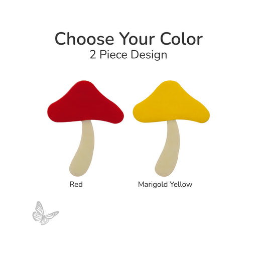 Color options for mushroom glass shapes, red cap and marigold yellow cap with ivory stem