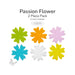 Passion flower precut fusible glass shapes in six colors: green, orange, pink, turquoise, white, and yellow, COE90.