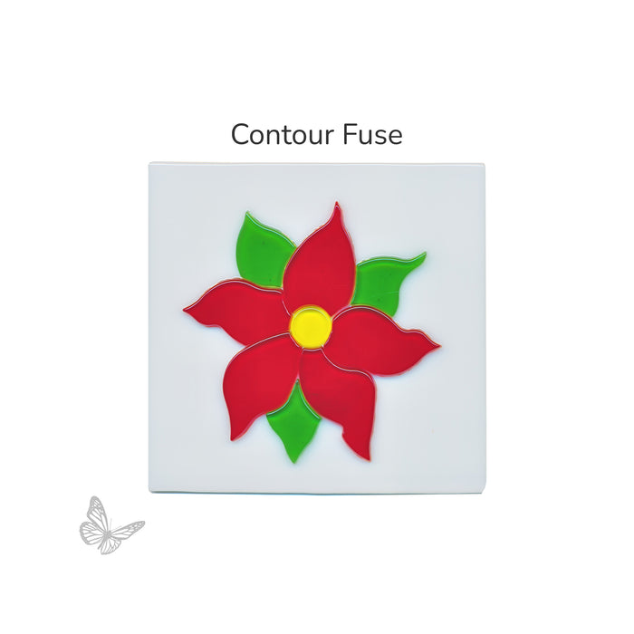 Fused poinsettia glass design in red, green, and yellow shown in contour fuse style on a light background.