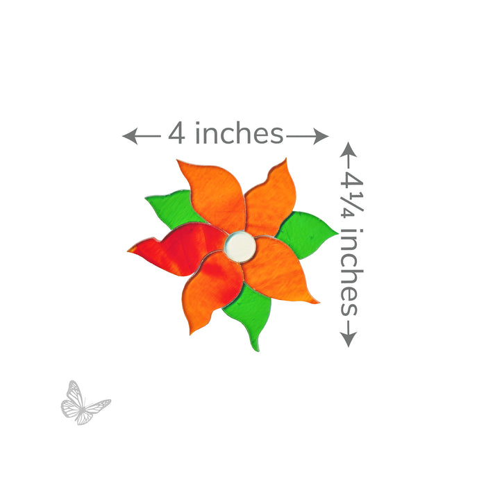 Precut poinsettia glass design measuring approximately 4 inches wide by 4.25 inches tall.