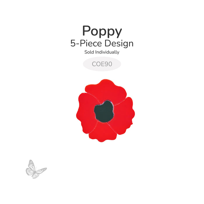 Red precut glass poppy flower with five petals and dark center, COE90