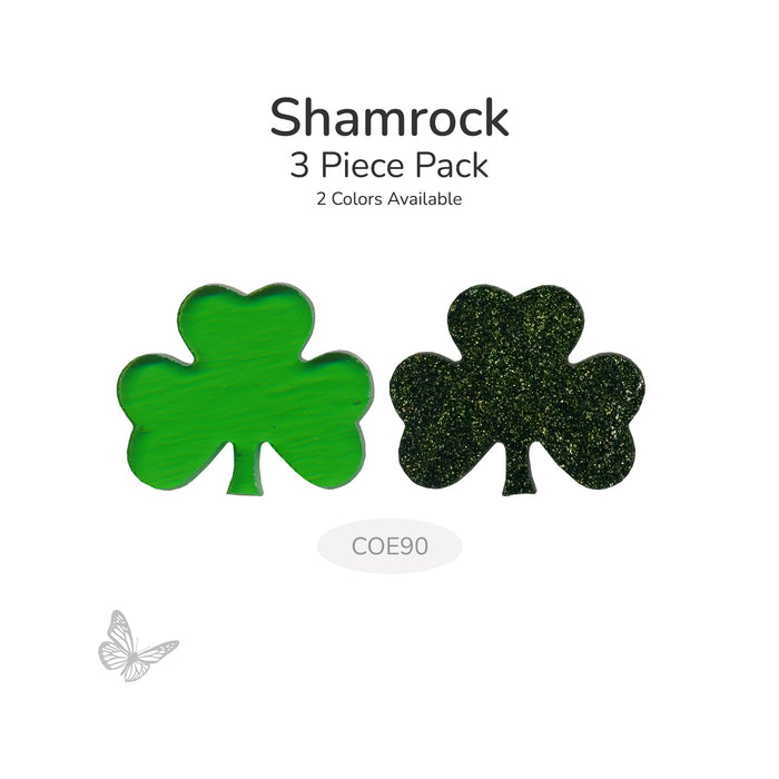 Shamrock 3 piece pack glass shapes in green and aventurine green labeled COE90