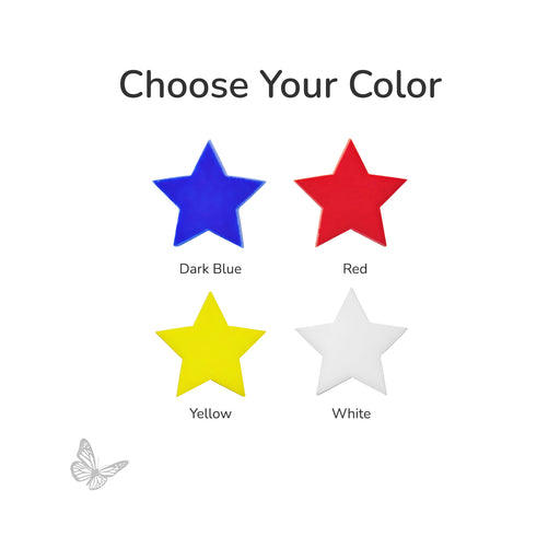 COE90 opaque glass star shapes shown in dark blue, red, yellow, and white color options