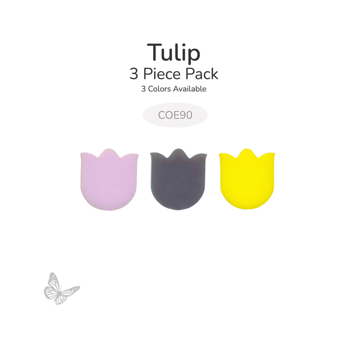 Three precut mini tulip glass shapes in pink, purple, and yellow on a white background labeled 3 piece pack COE90