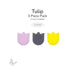 Three precut mini tulip glass shapes in pink, purple, and yellow on a white background labeled 3 piece pack COE90
