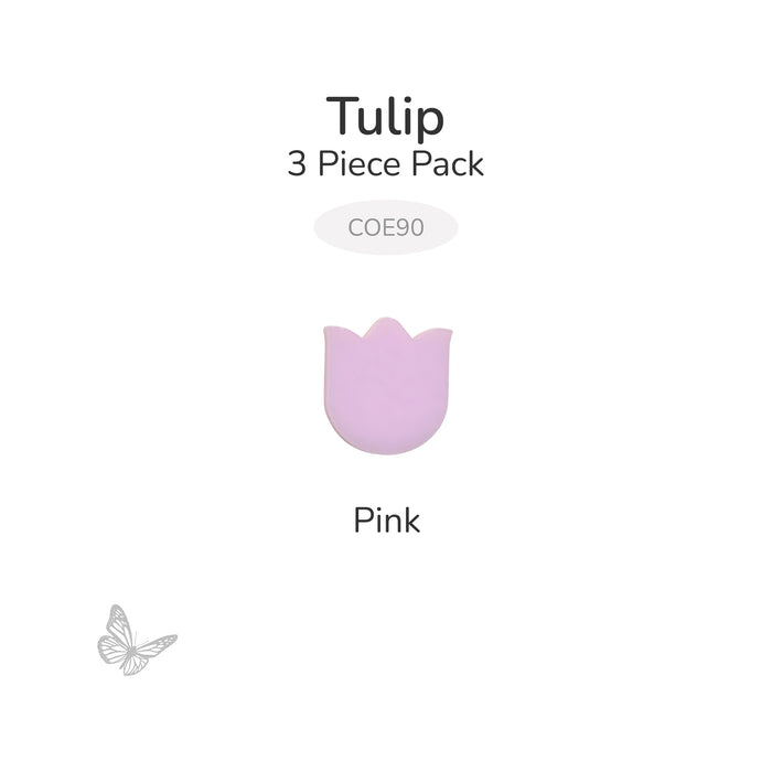Single pink mini tulip precut glass shape on white background labeled COE90