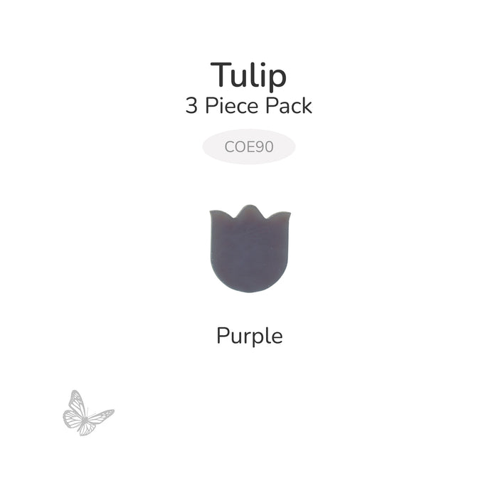Single purple mini tulip precut glass shape on white background labeled COE90
