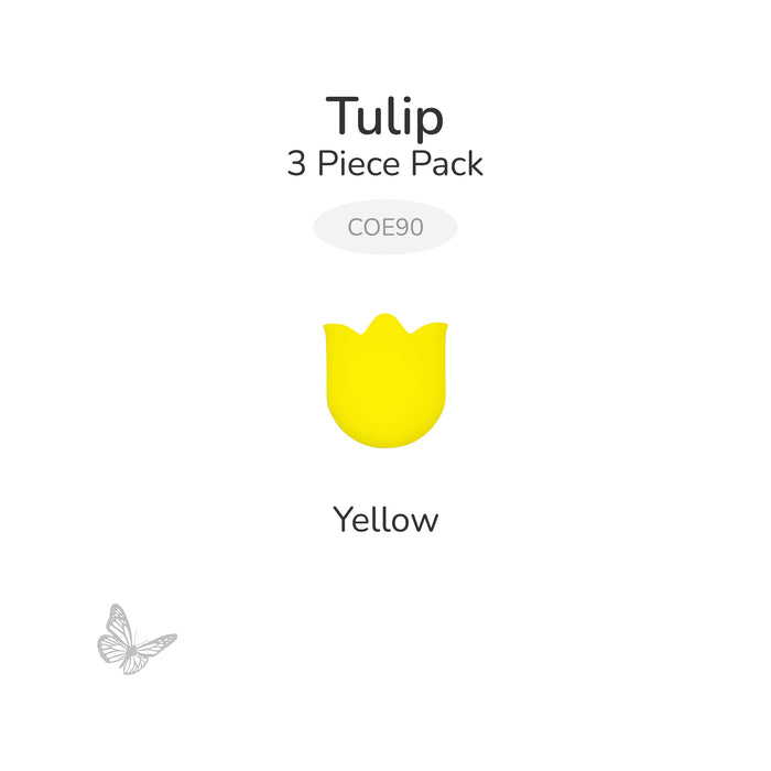 Single yellow mini tulip precut glass shape on white background labeled COE90