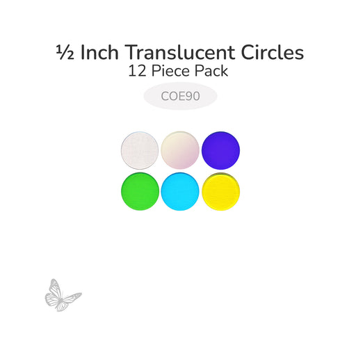 Assorted translucent circle glass shapes including clear, iridized, blue, green, turquoise, and yellow 1/2 inch diameter COE90.