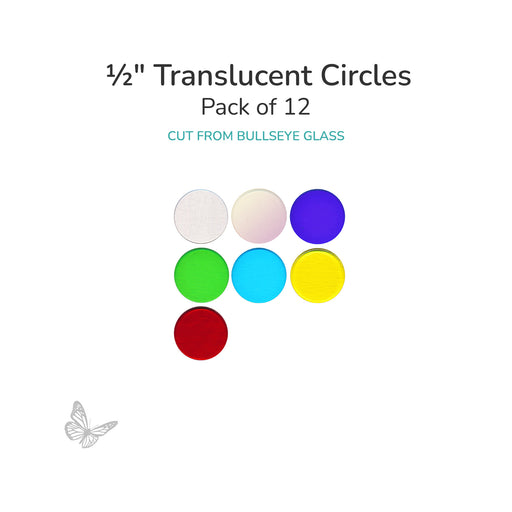 Assorted translucent circle glass shapes including clear, iridized, blue, green, turquoise, red, and yellow 1/2 inch diameter COE90.
