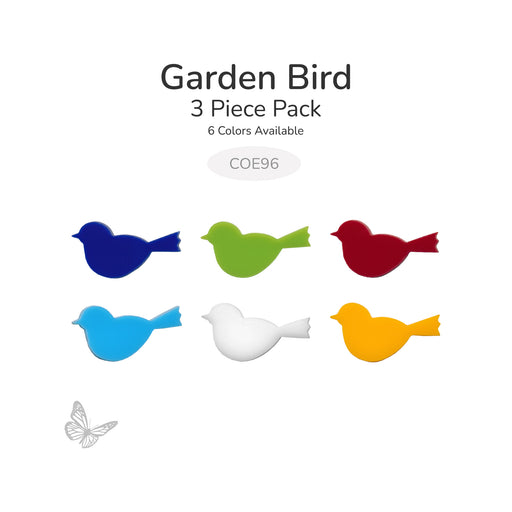 Six color options of precut garden bird glass shapes including blue, green, red, turquoise blue, white, and yellow.