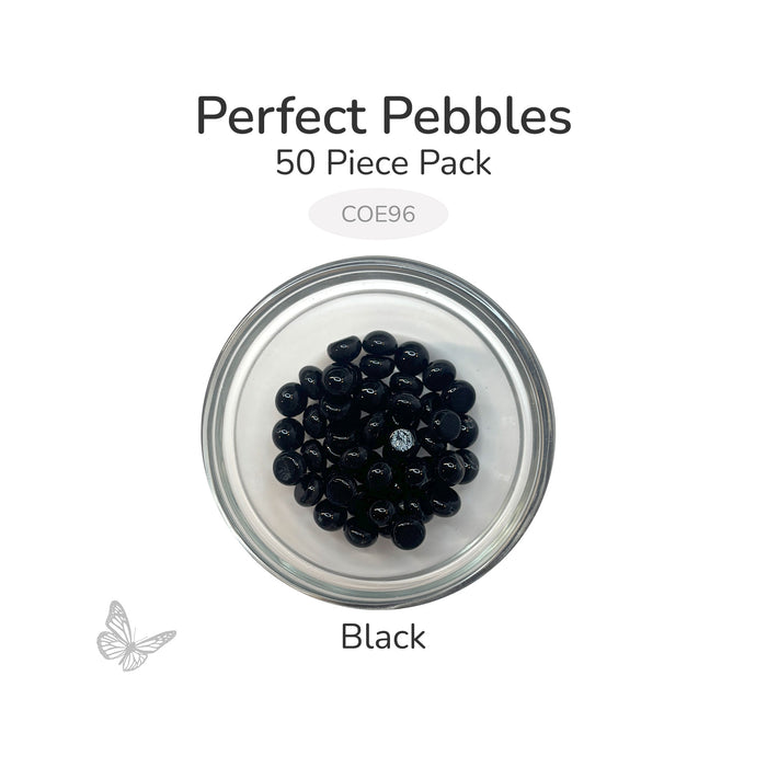 50 round black glass pebbles in a clear dish labeled Perfect Pebbles 50 Piece Pack COE96