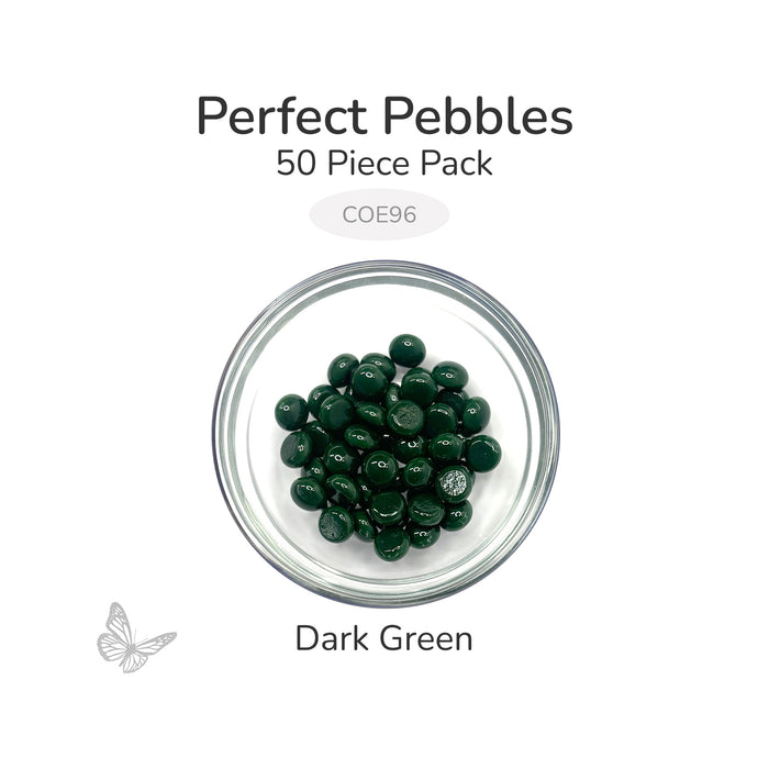 50 round dark green glass pebbles in a clear dish labeled Perfect Pebbles 50 Piece Pack COE96