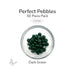 50 round dark green glass pebbles in a clear dish labeled Perfect Pebbles 50 Piece Pack COE96