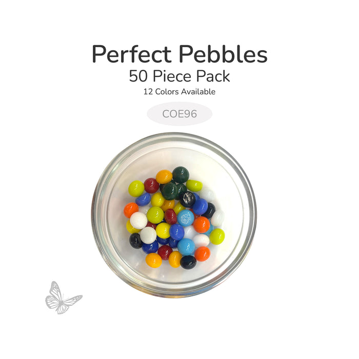50 round glass pebbles in a clear dish labeled Perfect Pebbles 50 Piece Pack COE96 12 colors available