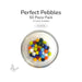 50 round glass pebbles in a clear dish labeled Perfect Pebbles 50 Piece Pack COE96 12 colors available