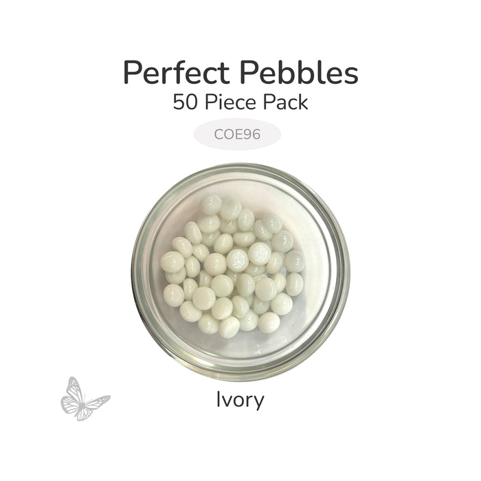 50 round ivory glass pebbles in a clear dish labeled Perfect Pebbles 50 Piece Pack COE96