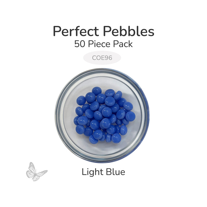 50 round light glass pebbles in a clear dish labeled Perfect Pebbles 50 Piece Pack COE96