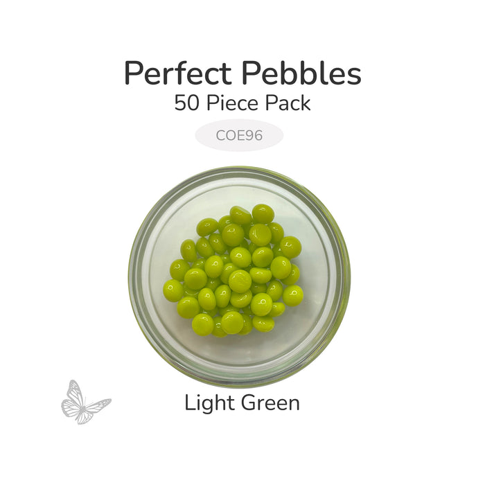 50 round light green glass pebbles in a clear dish labeled Perfect Pebbles 50 Piece Pack COE96