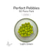 50 round light green glass pebbles in a clear dish labeled Perfect Pebbles 50 Piece Pack COE96