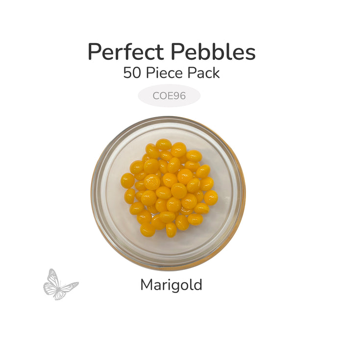 50 round marigold glass pebbles in a clear dish labeled Perfect Pebbles 50 Piece Pack COE96