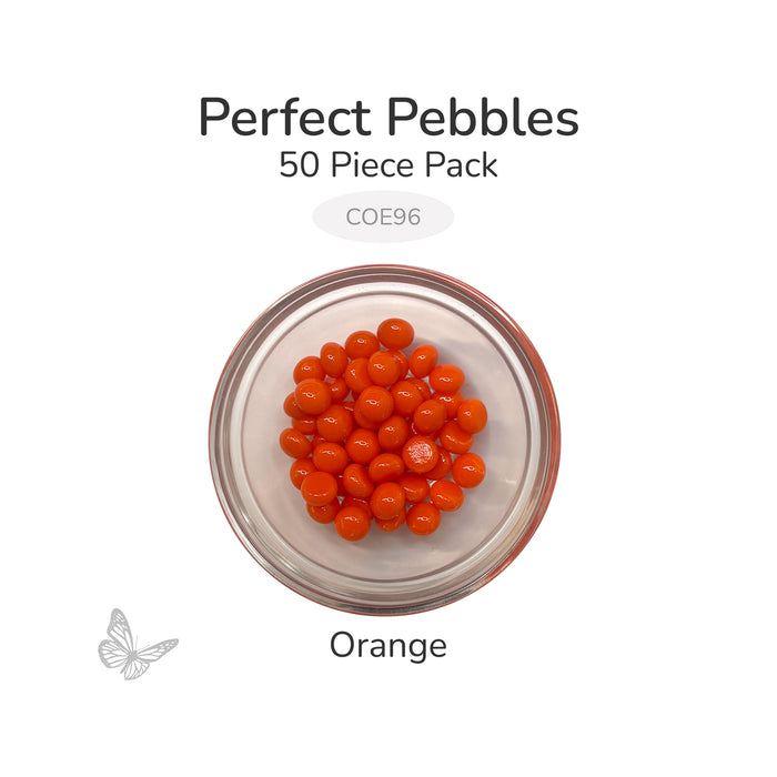 50 round orange glass pebbles in a clear dish labeled Perfect Pebbles 50 Piece Pack COE96