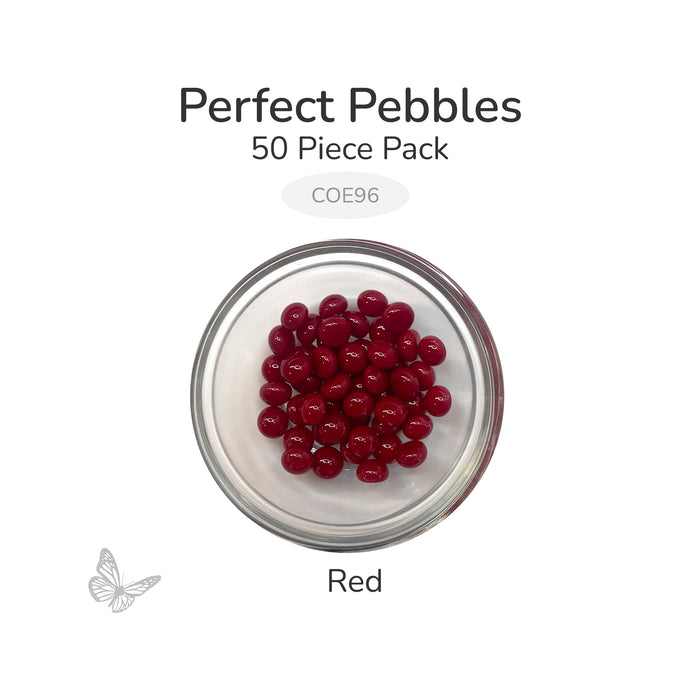 50 round red glass pebbles in a clear dish labeled Perfect Pebbles 50 Piece Pack COE96