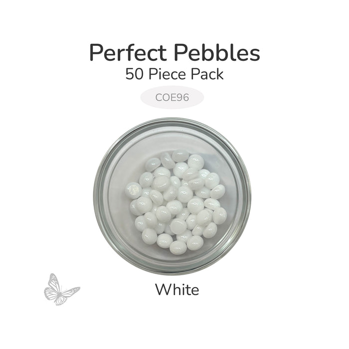 50 round white glass pebbles in a clear dish labeled Perfect Pebbles 50 Piece Pack COE96