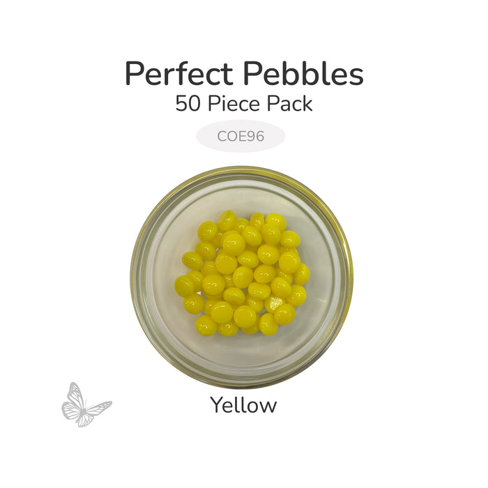 50 round yellow glass pebbles in a clear dish labeled Perfect Pebbles 50 Piece Pack COE96