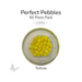 50 round yellow glass pebbles in a clear dish labeled Perfect Pebbles 50 Piece Pack COE96