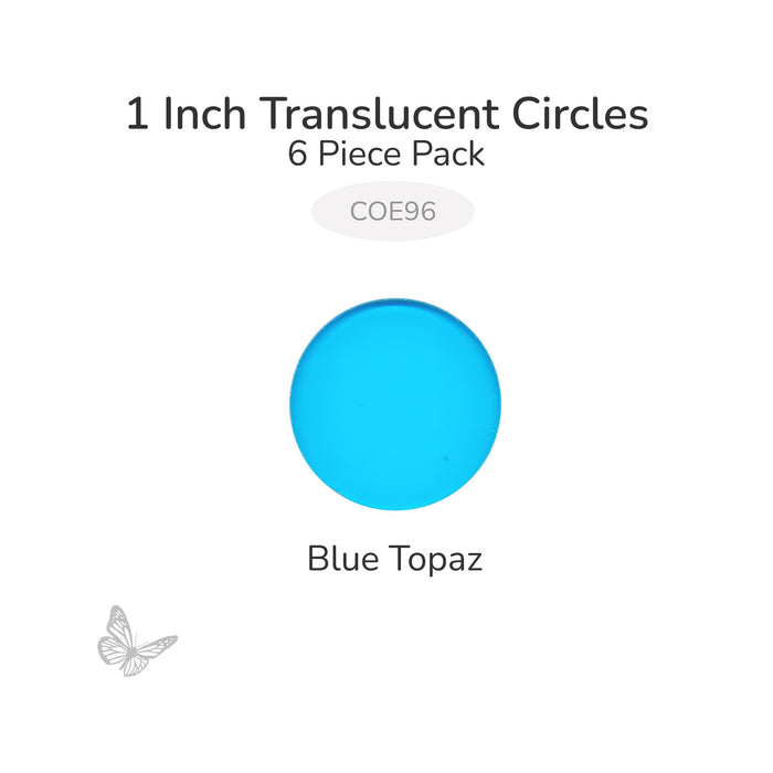 Precut translucent blue topaz circle glass shape, 1 inch diameter, COE96 fusible glass for kiln forming and mosaics.
