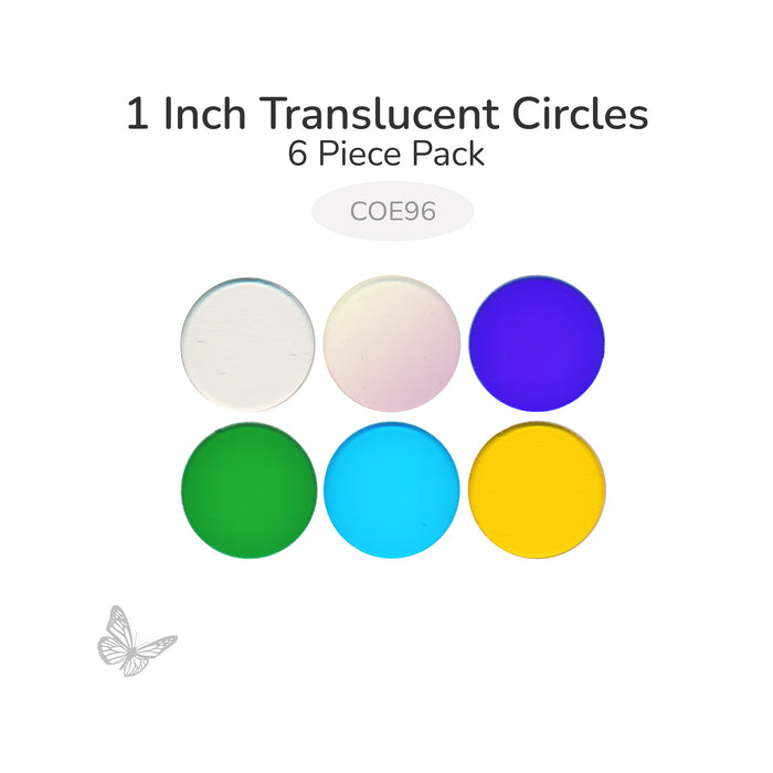Assorted translucent circle glass shapes including clear, iridized, blue, green, blue topaz, and yellow 1 inch diameter COE96.
