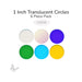 Assorted translucent circle glass shapes including clear, iridized, blue, green, blue topaz, and yellow 1 inch diameter COE96.
