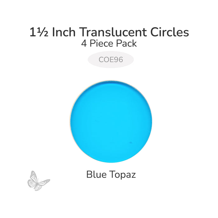 Precut translucent blue topaz circle glass shape, 1 1/2 inch diameter, COE96 fusible glass for kiln forming and mosaics.
