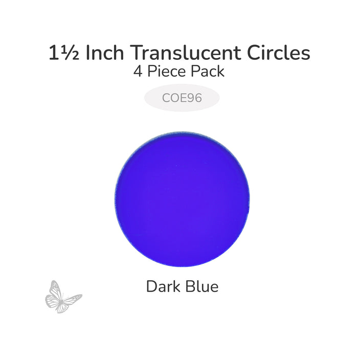 Precut translucent dark blue circle glass shape, 1 1/2 inch diameter, COE96 fusible glass for kiln forming and mosaics.
