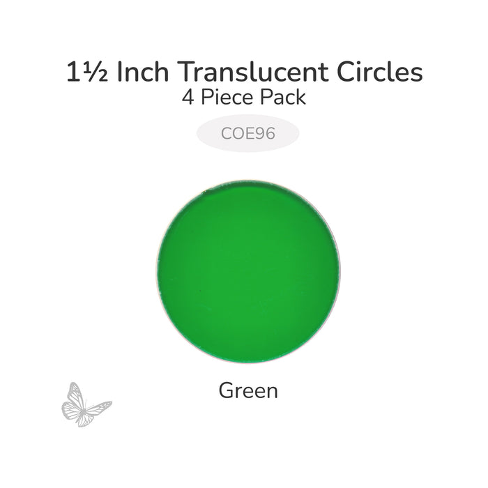 Precut translucent green circle glass shape, 1 1/2 inch diameter, COE96 fusible glass for glass fusing and mosaic art.
