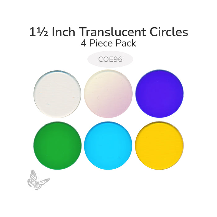 Assorted translucent circle glass shapes including clear, iridized, blue, green, blue topaz, and yellow 1 1/2 inch diameter COE96.