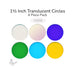 Assorted translucent circle glass shapes including clear, iridized, blue, green, blue topaz, and yellow 1 1/2 inch diameter COE96.