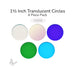 Assorted translucent circle glass shapes including clear, iridized, blue, green, and blue topaz, 1 1/2 inch diameter COE96.
