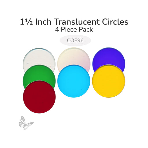 Assorted translucent circle glass shapes including clear, iridized, blue, green, blue topaz, red, and yellow 1 1/2 inch diameter COE96.
