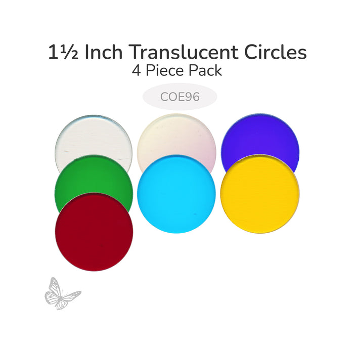 Assorted translucent circle glass shapes including clear, iridized, blue, green, blue topaz, red, and yellow 1 1/2 inch diameter COE96.