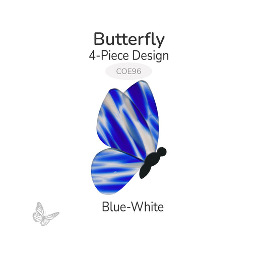 COE96 precut glass butterfly 4-piece design in blue and white on clear with black body