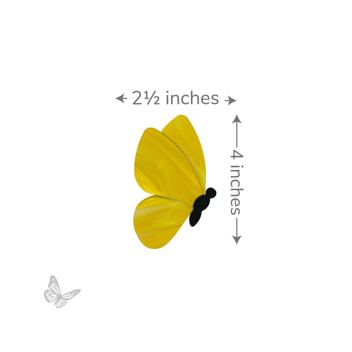 Yellow butterfly glass shape with labeled dimensions 2.5 inches wide by 4 inches tall