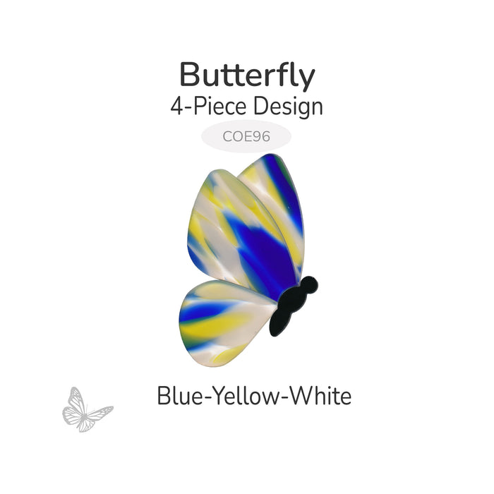 COE96 precut glass butterfly 4-piece design in blue, yellow and white on clear with black body